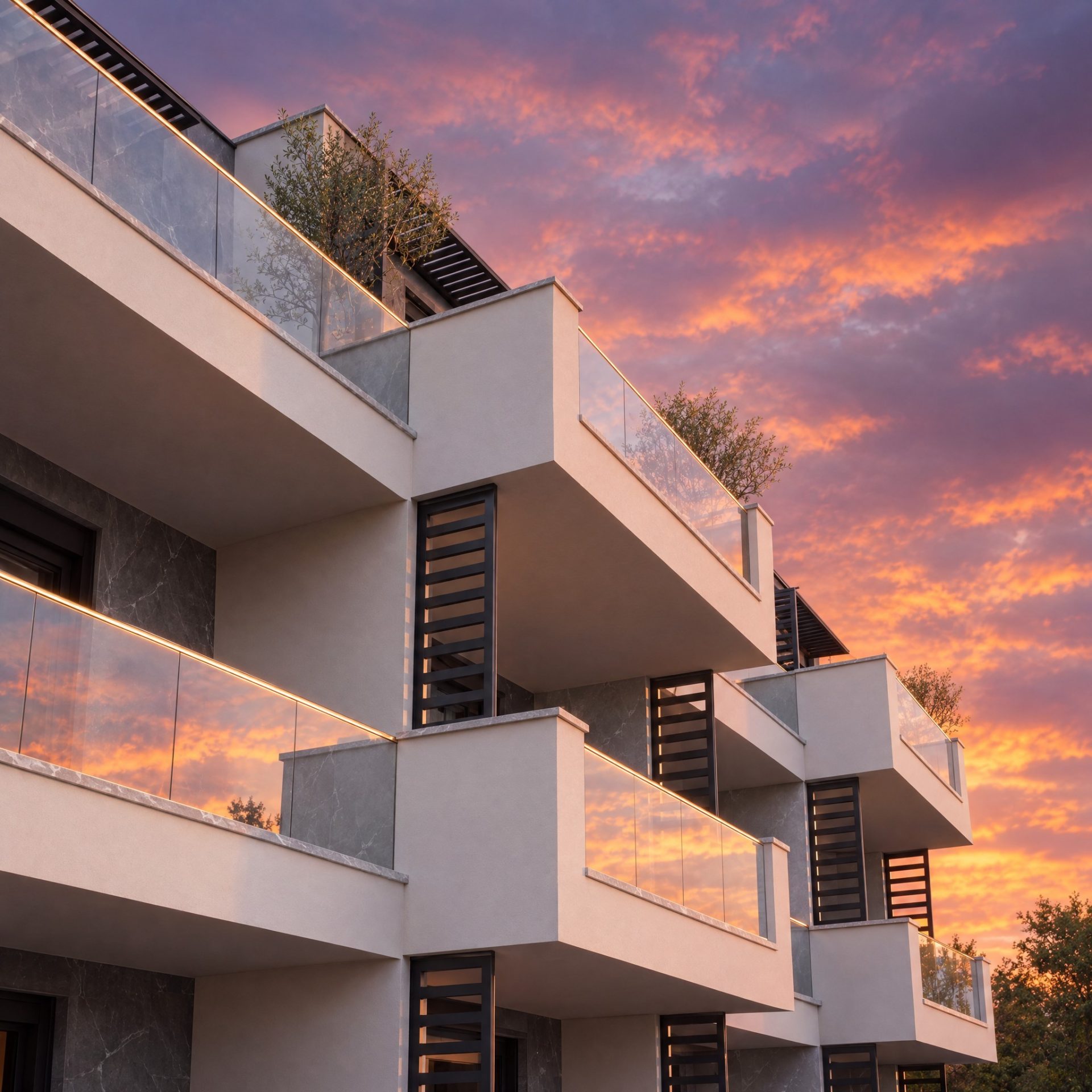 Cantilevered balconies of Nika 2 Residence against a fiery sunset sky
