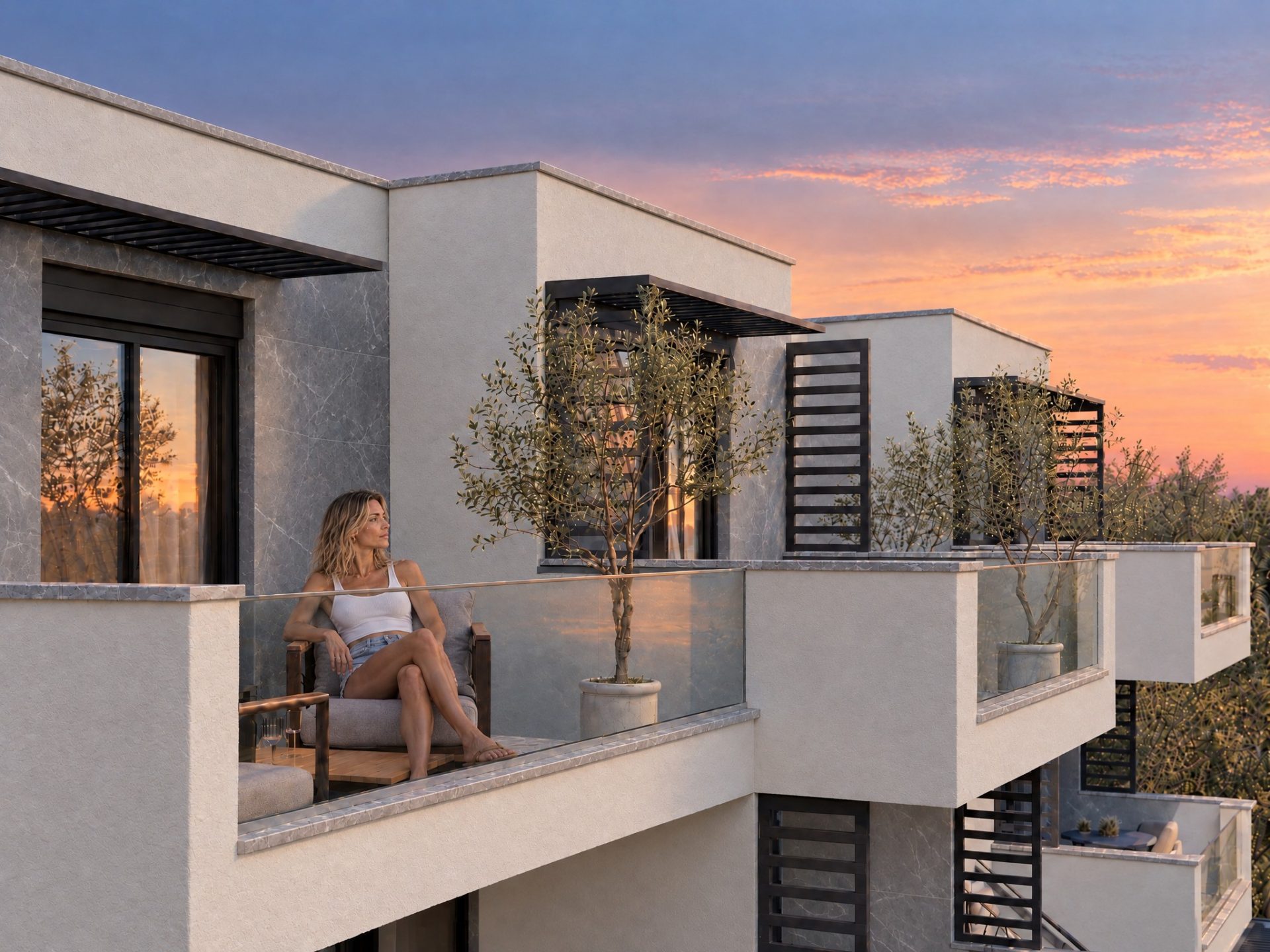Woman in an armchair on a Nika 2 Residence terrace in the afterglow