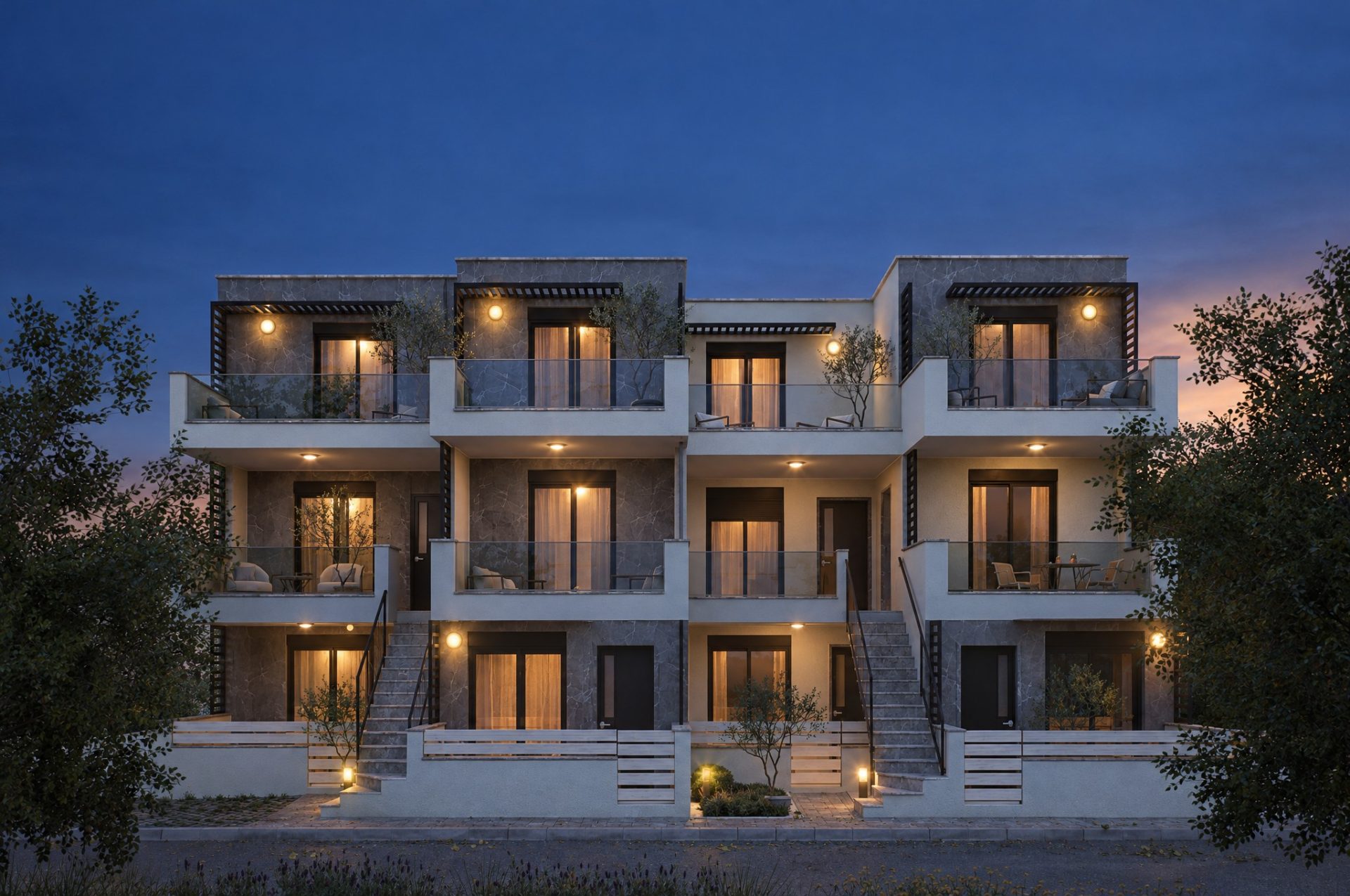 Nika 2 Residence front elevation at blue hour with lamps on
