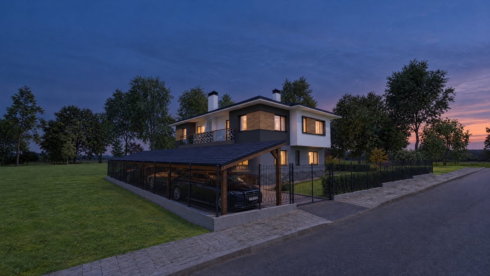 Novi Han House exterior at blue hour