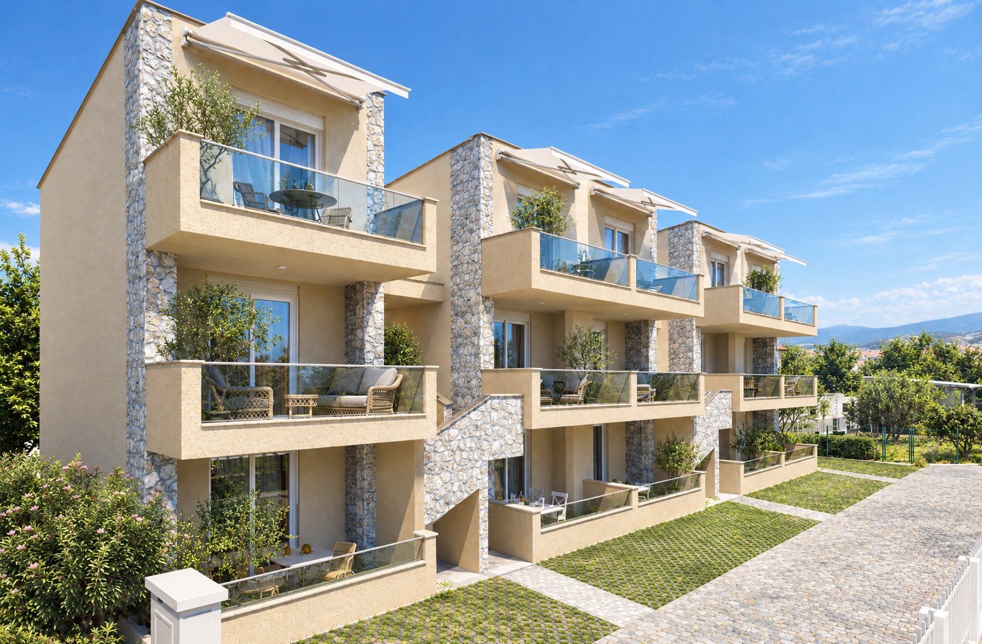 Olympia Residence three stepped apartment blocks with glass balconies and stone piers in bright late-morning light