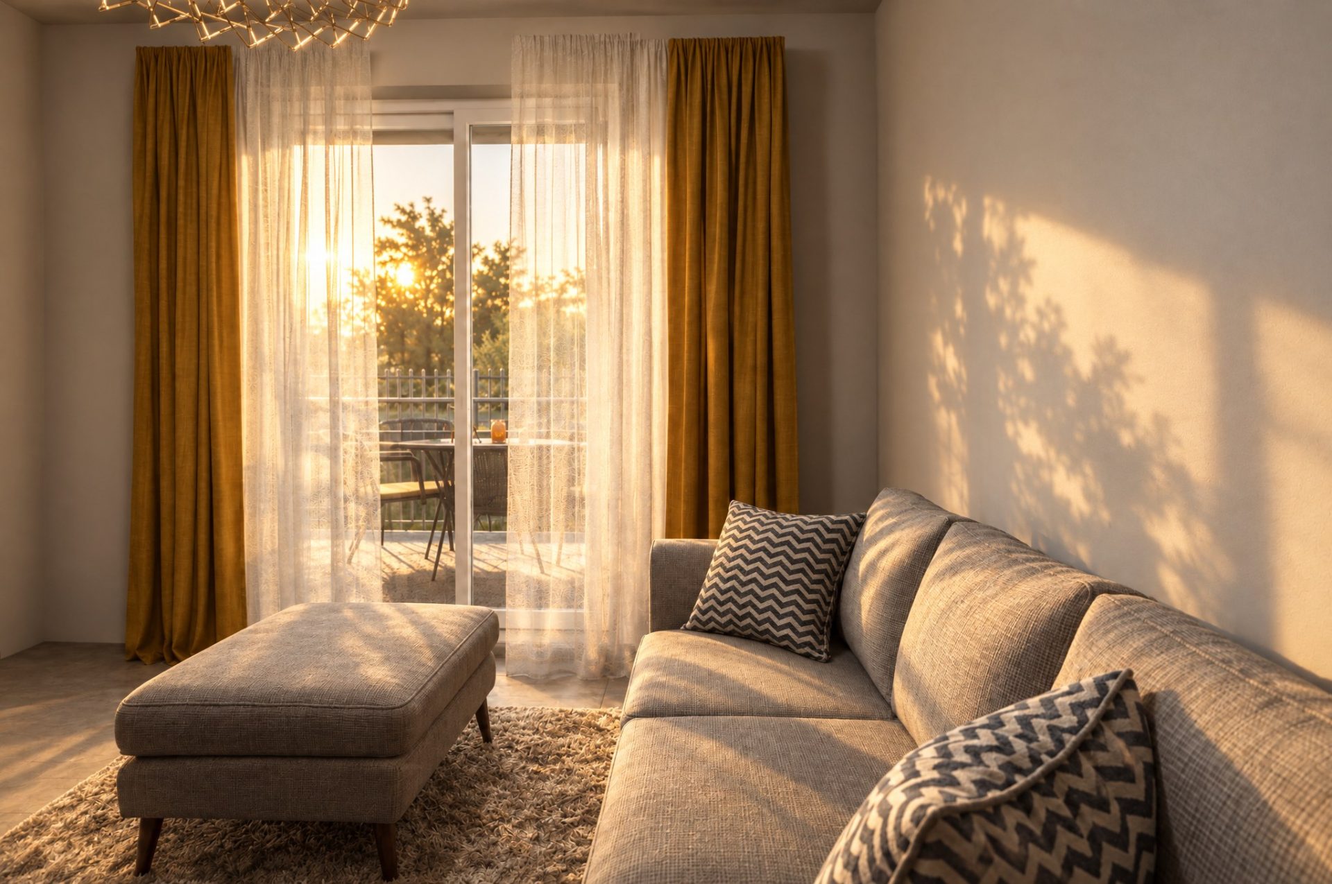 Olympia Residence living room with gray sofa, sun filtering through sheer curtains in the late afternoon