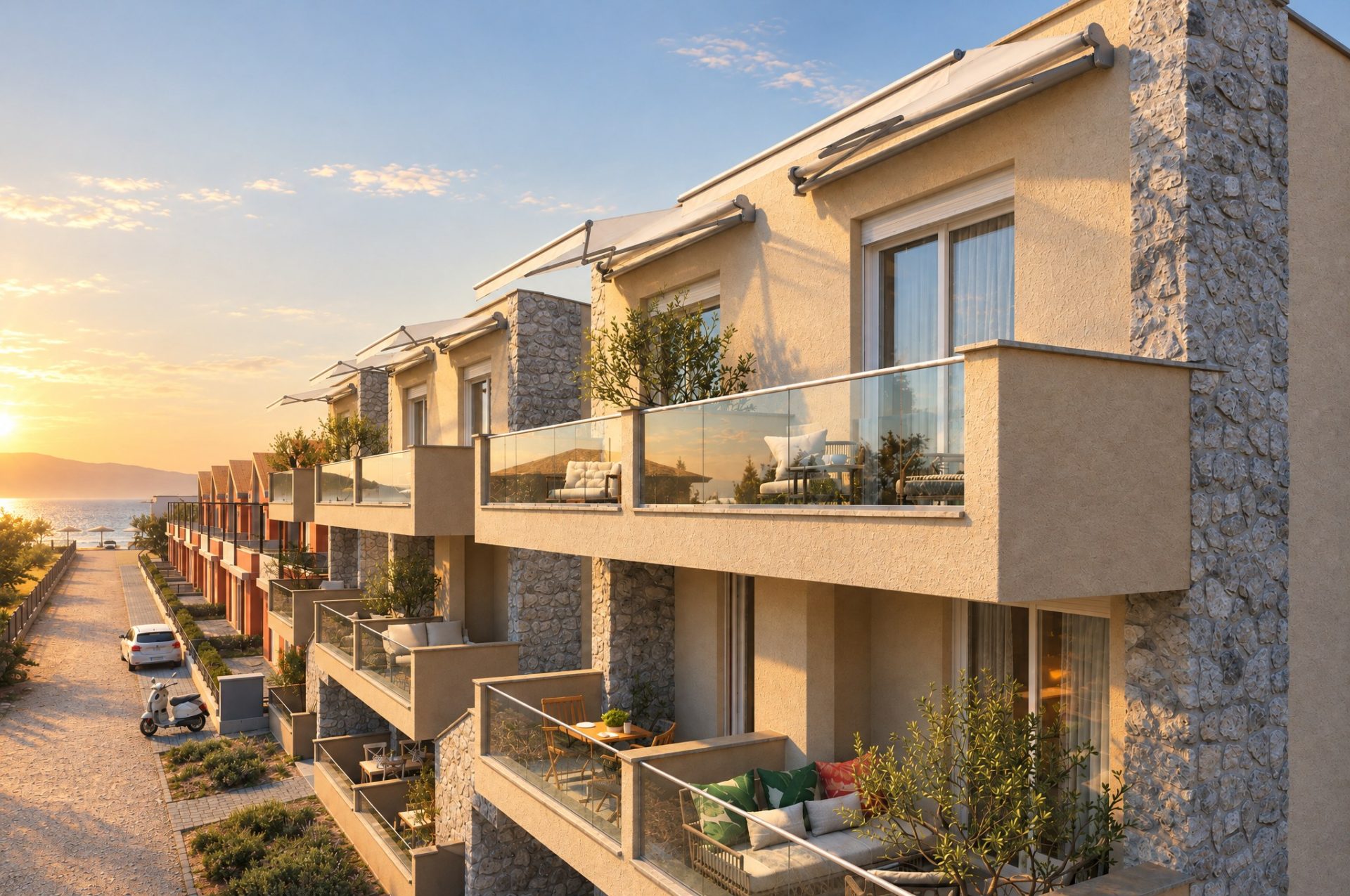 Olympia Residence at golden hour, balconies and awnings along the street that leads to the beach at Paralia Ofriniou