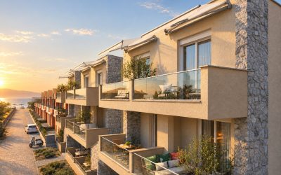 Olympia Residence at golden hour, balconies and awnings along the street that leads to the beach at Paralia Ofriniou