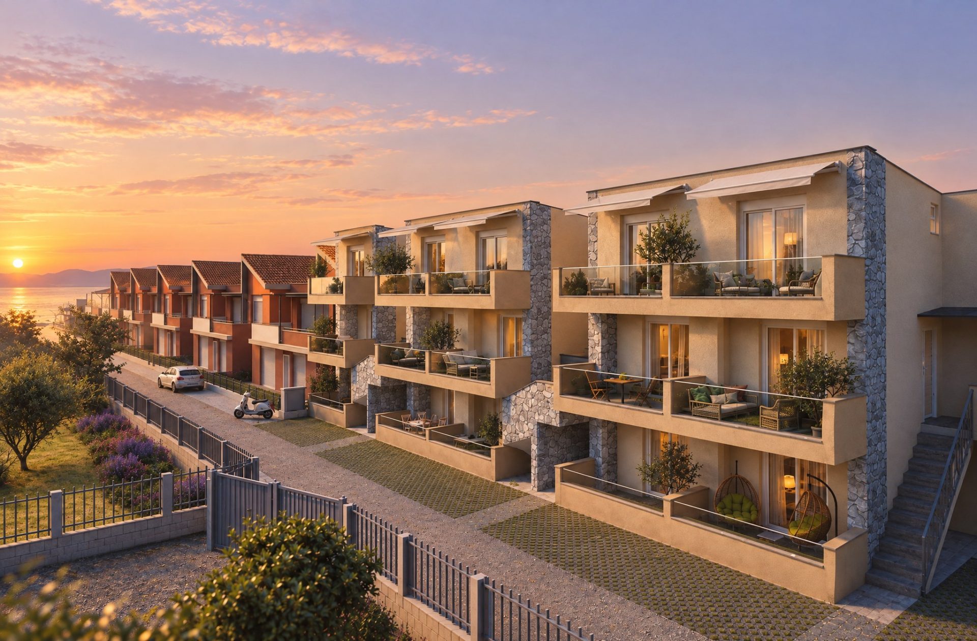 Olympia Residence at sunset, elevated view over the garden and street toward the bay