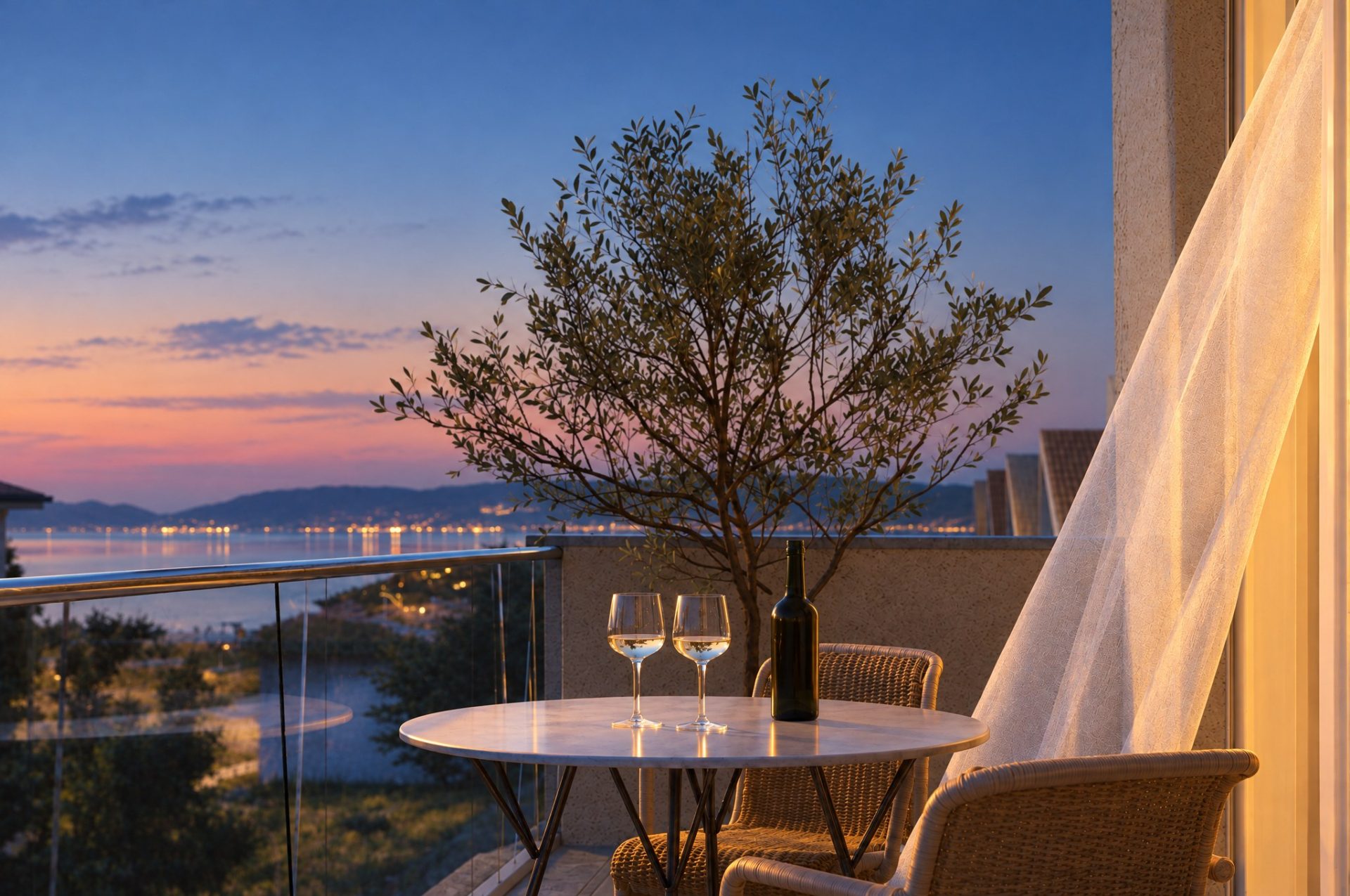 Olympia Residence balcony at dusk with two glasses of white wine, olive tree and the lights across the bay
