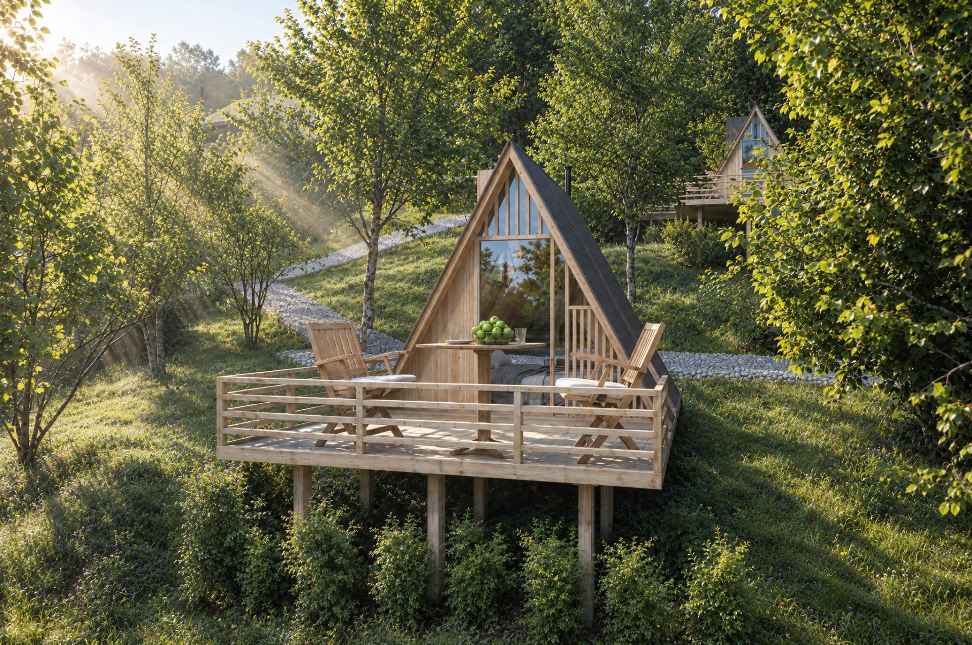 A-frame cabin deck with two chairs and a bowl of apples in dappled morning light