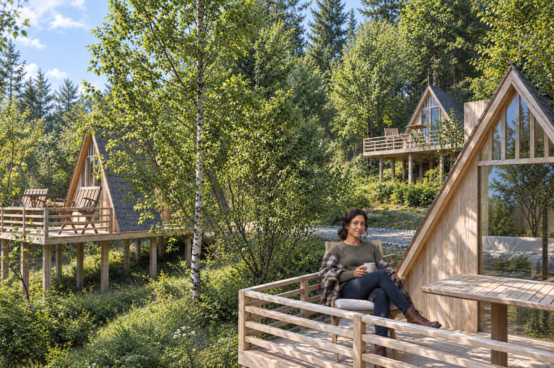 Guest with a mug of coffee on an A-frame deck in late-morning sun, cabins stepping down the slope