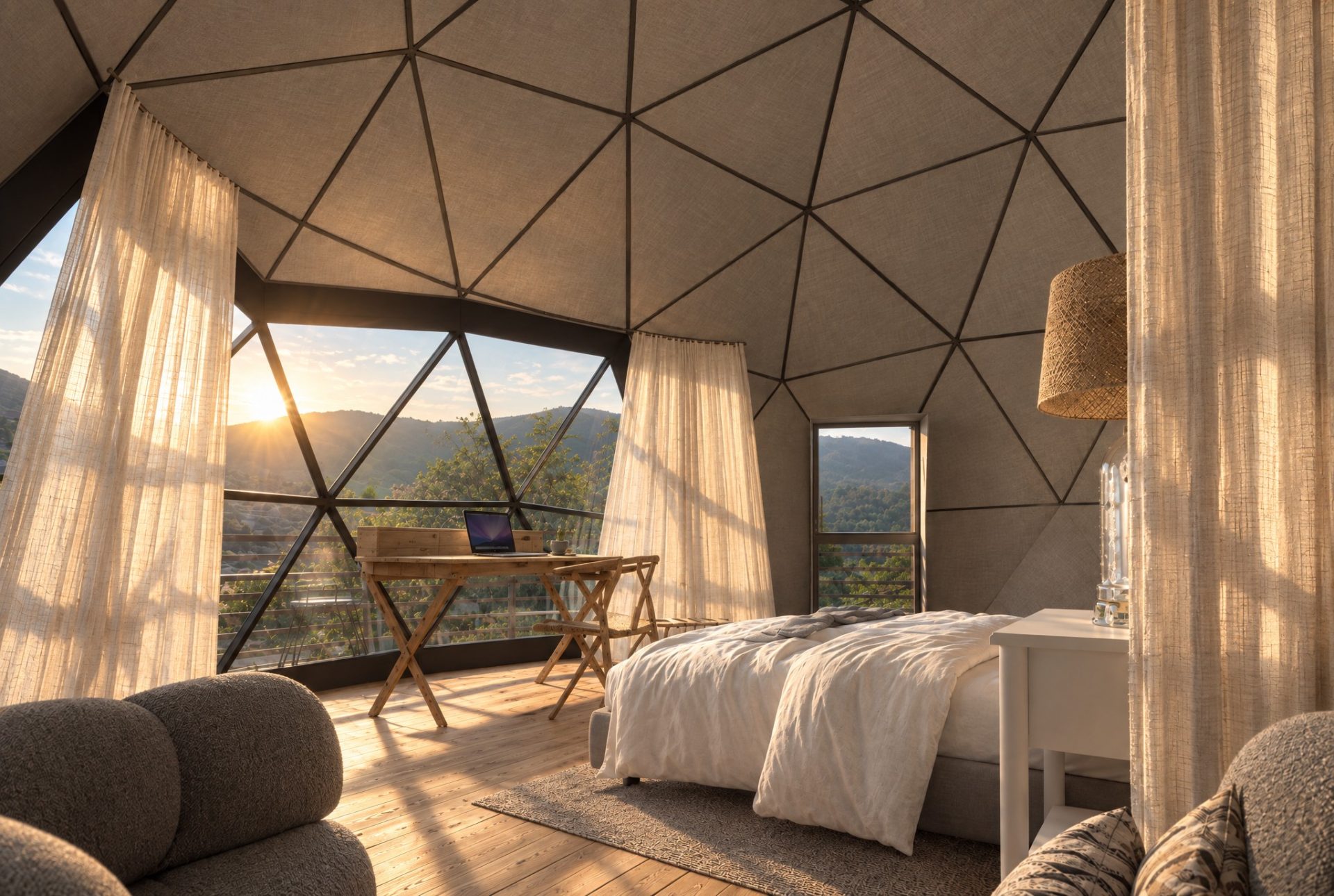 Geodesic dome bedroom with a panoramic window, late sun through linen curtains across the bed