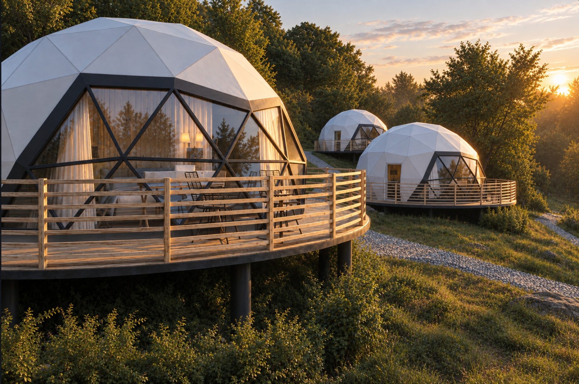 Geodesic dome with a round timber deck at golden hour, two more domes along the gravel path