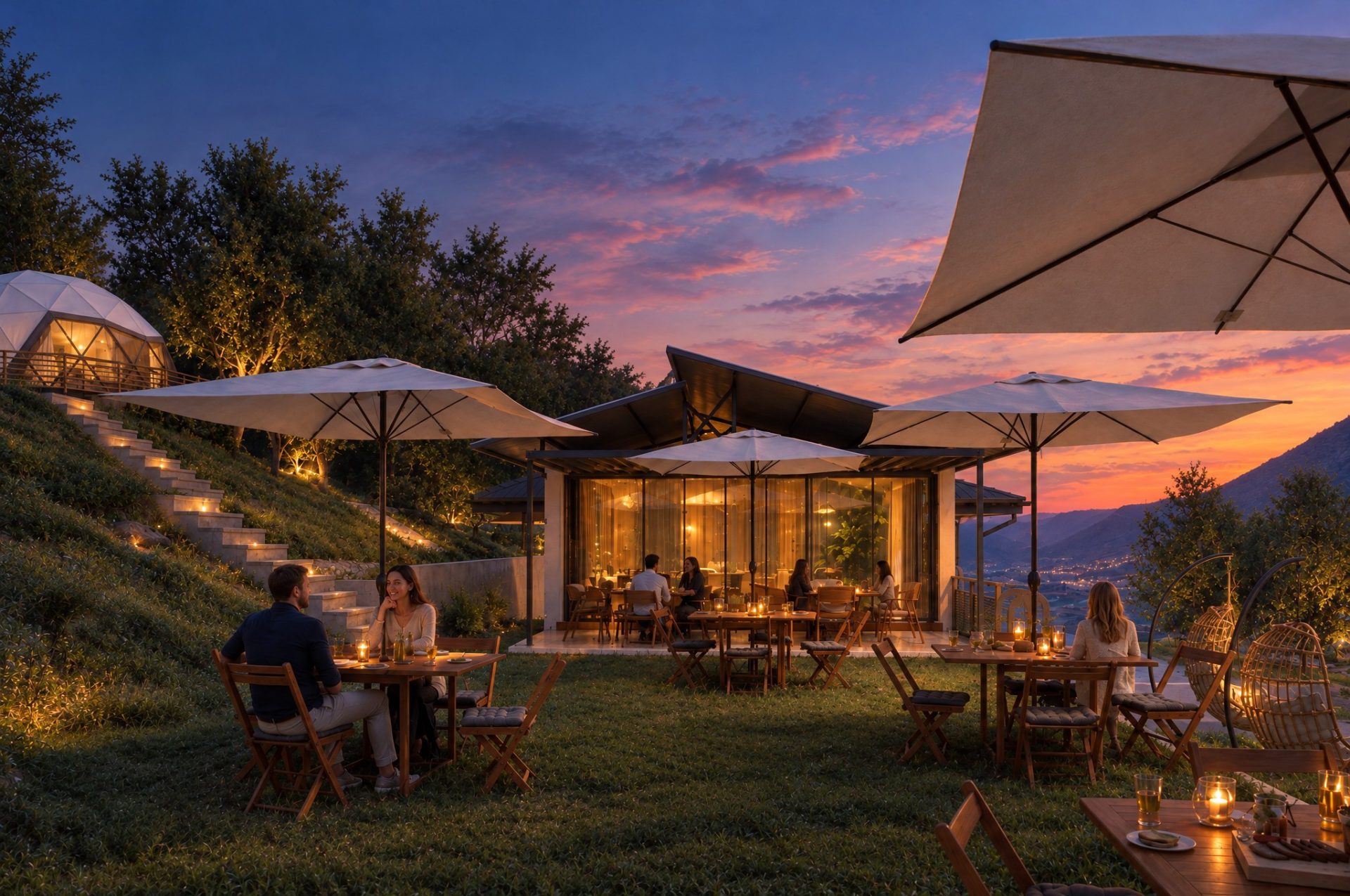Guests dining under umbrellas by the lit glass pavilion, sunset afterglow over the valley