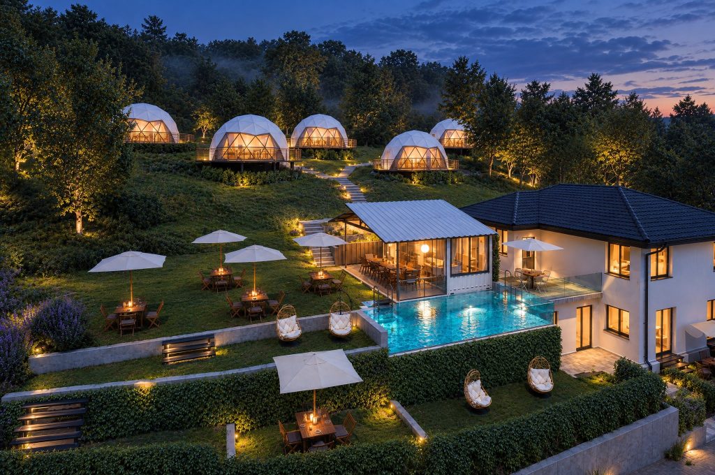 Whole glamping site at blue hour: five lit domes on the slope, pavilion, pool and guesthouse