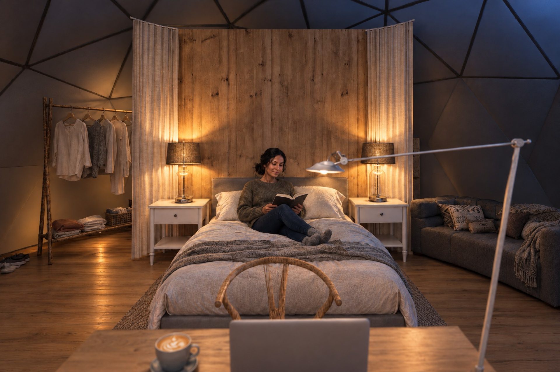 Guest reading on the bed inside a geodesic dome, bedside lamps warming the timber wall