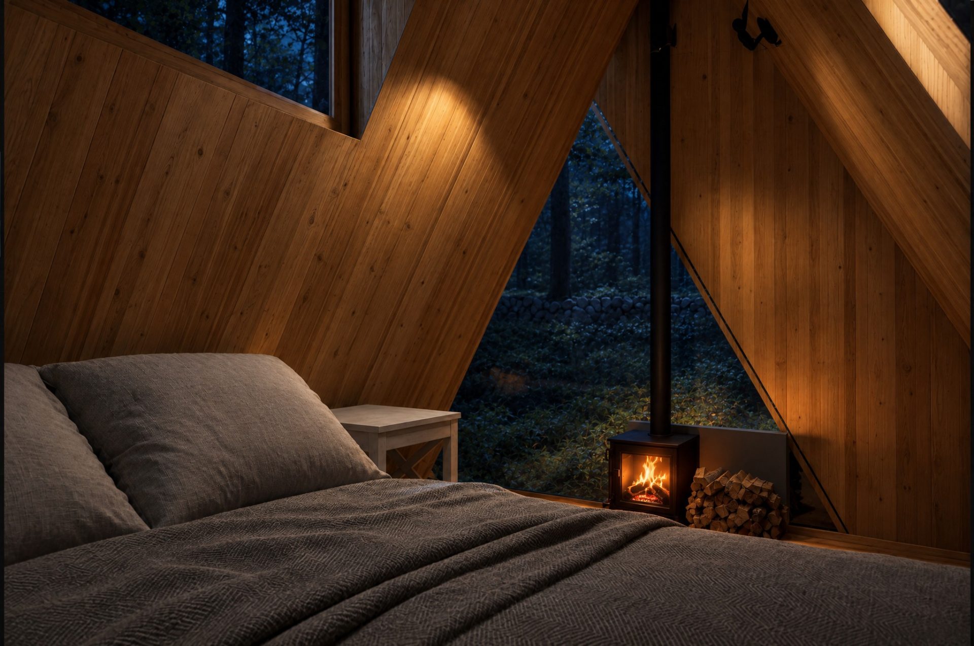 A-frame bedroom at night with a fire in the wood stove and moonlit forest through the gable