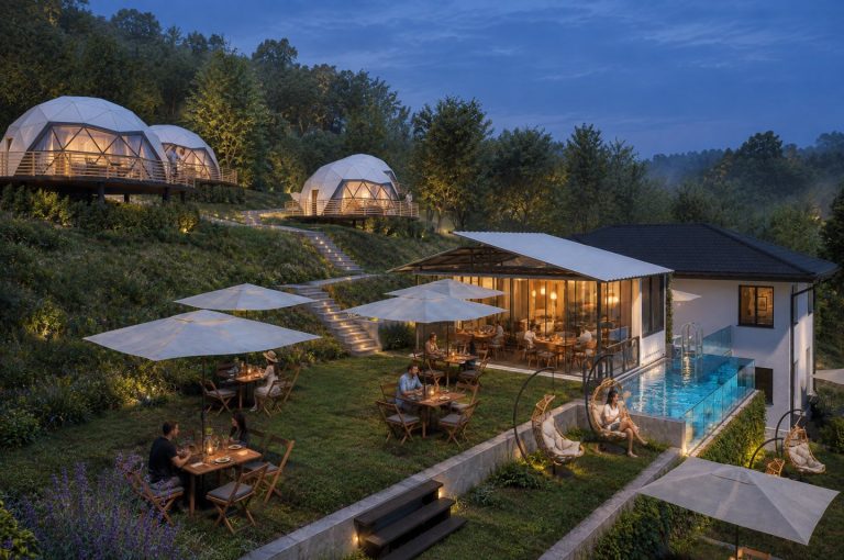 Dining lawn with guests under umbrellas, pavilion and pool in the evening