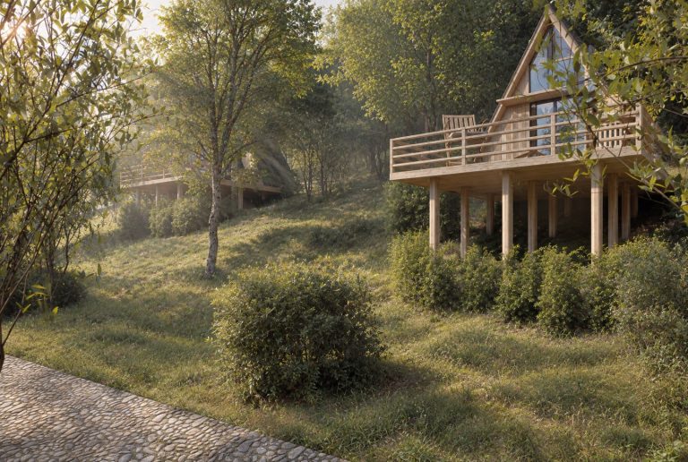 A-frame cabin on stilts seen from the cobbled path in morning light