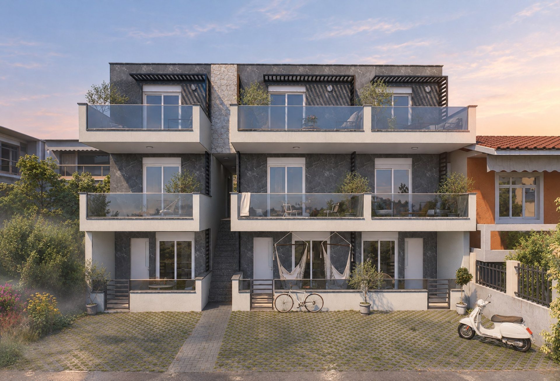 Sia 2 Residence front elevation at dawn with louvres, pergolas and marble cladding, lamps off