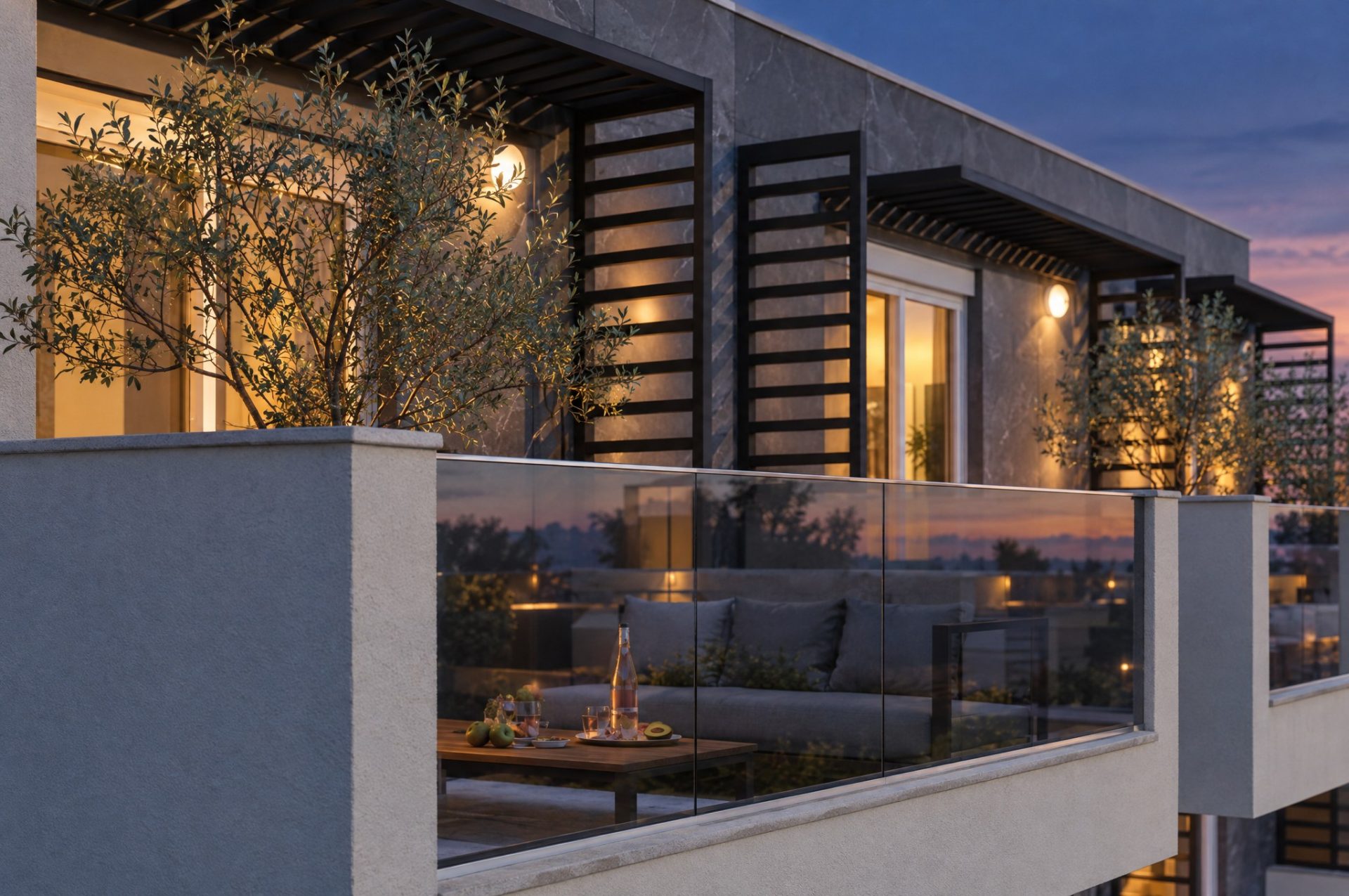 Top-floor terrace of Sia 2 Residence at blue hour with wall lamps and interiors lit