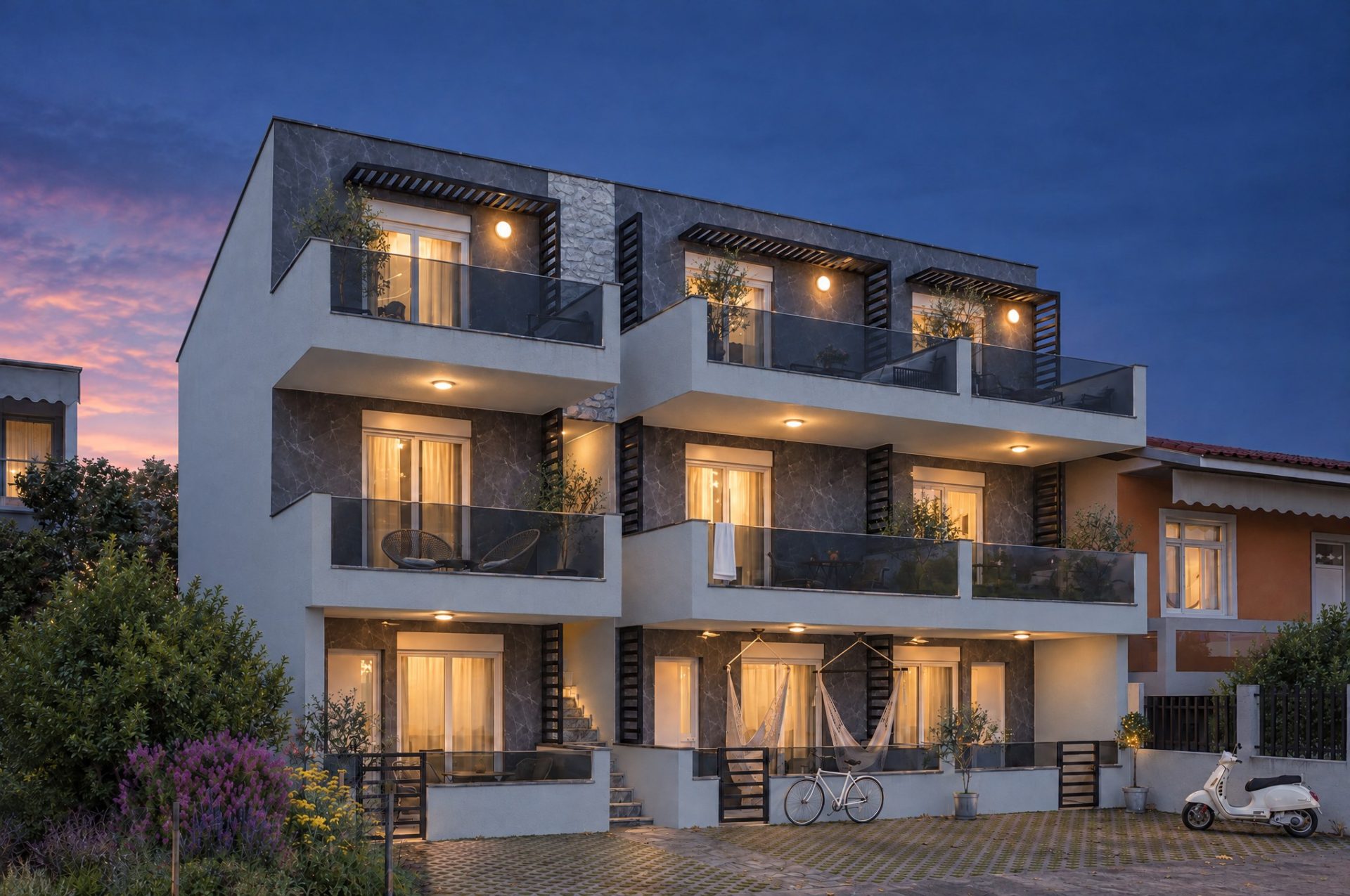 Sia 2 Residence from the street at deep blue hour with downlights and rooms lit