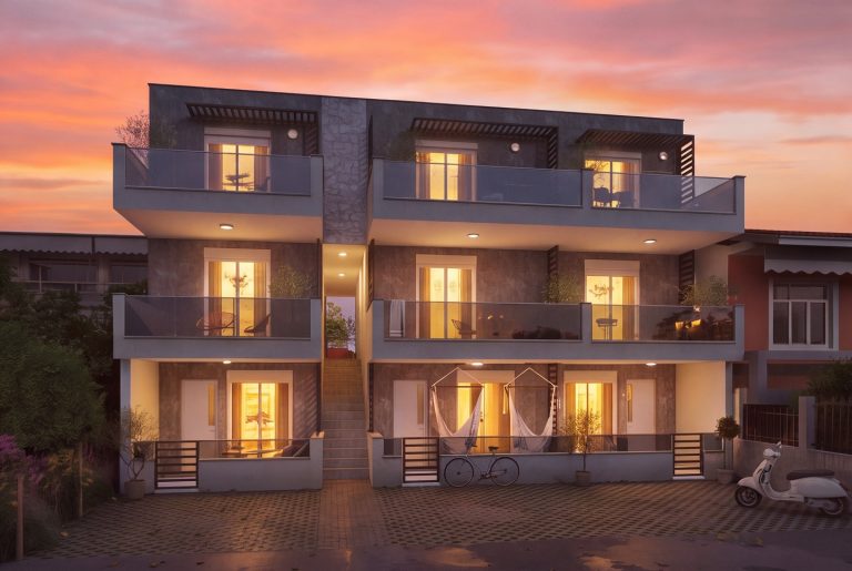 Sia 2 Residence front elevation at sunset with rooms lit