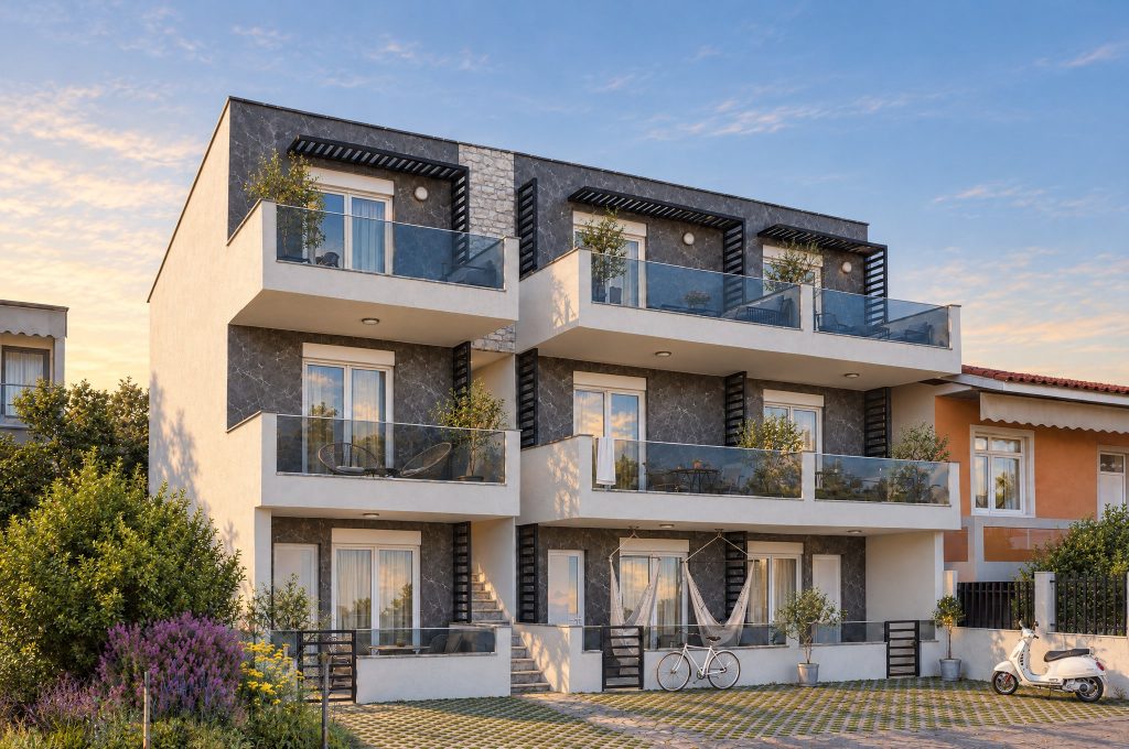Sia 2 Residence from the street at golden hour, warm sun on the facade