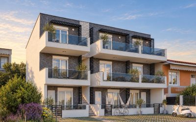 Sia 2 Residence from the street at golden hour, warm sun on the facade