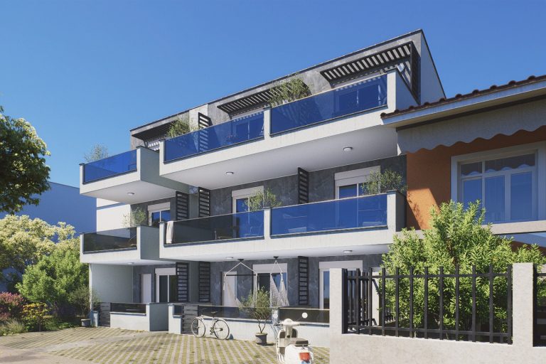Low street view of Sia 2 Residence past the neighboring fence