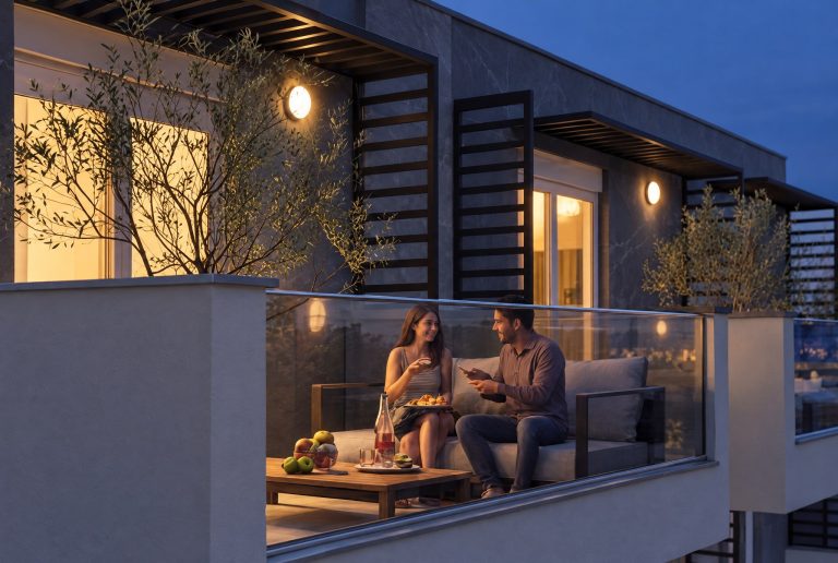 Couple sharing a plate on the rooftop sofa of Sia 2 Residence at dusk