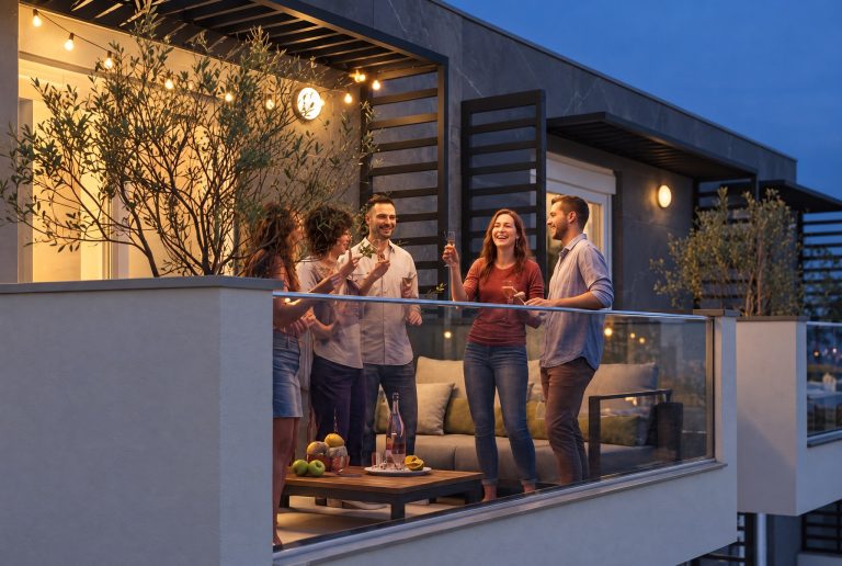 Friends toasting on the top-floor terrace of Sia 2 Residence at blue hour