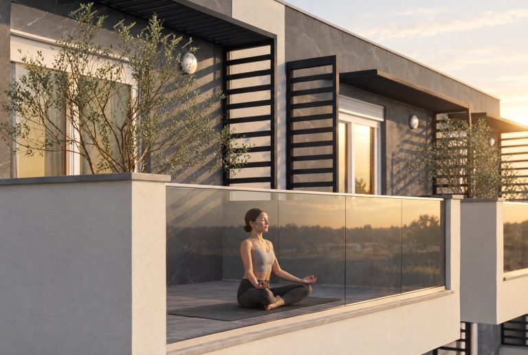 Woman meditating on the top-floor terrace of Sia 2 Residence at sunset