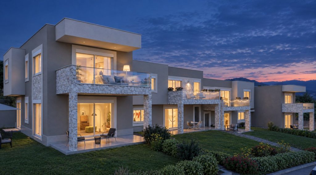Sikia Vista terraced houses at blue hour with every window lit and string lights on the balconies
