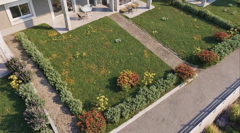Sikia Vista close aerial of a private garden: lawn, stone paths, hedges and flowering shrubs in warm light