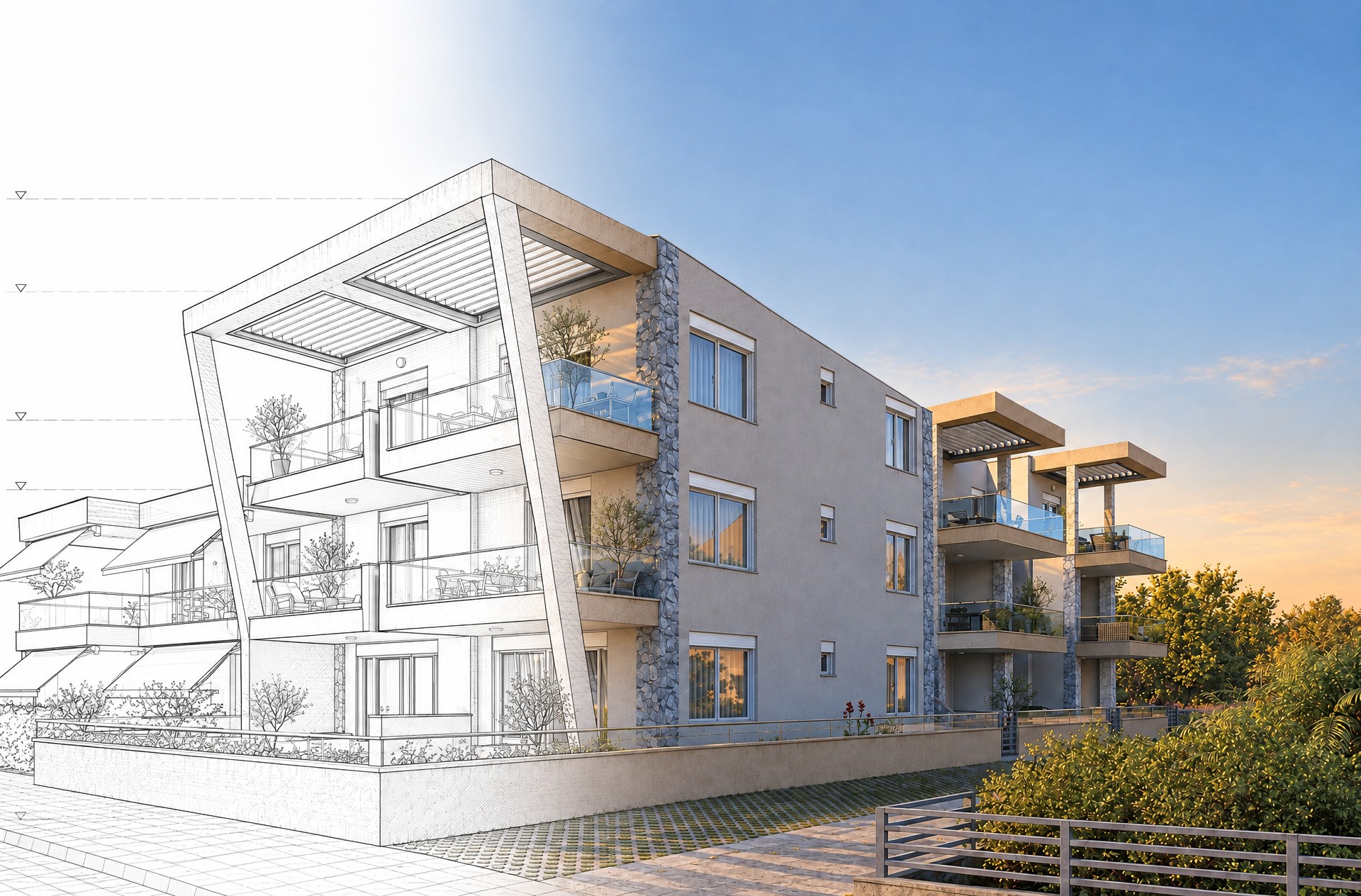 Via Mare Residence by STUDIO VIDI: a line drawing of the building turning into the final golden-hour render