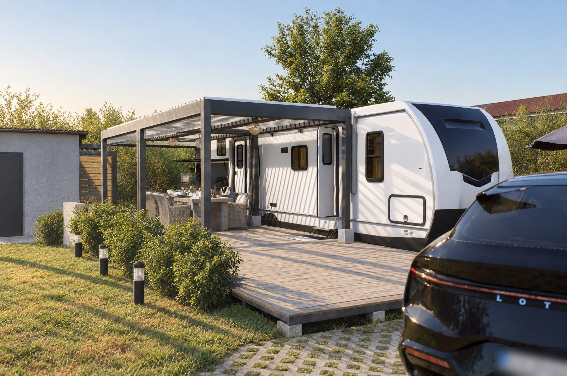 Camper with raised timber deck and anthracite louvred pergola in low morning sun, Toroni, Chalkidiki