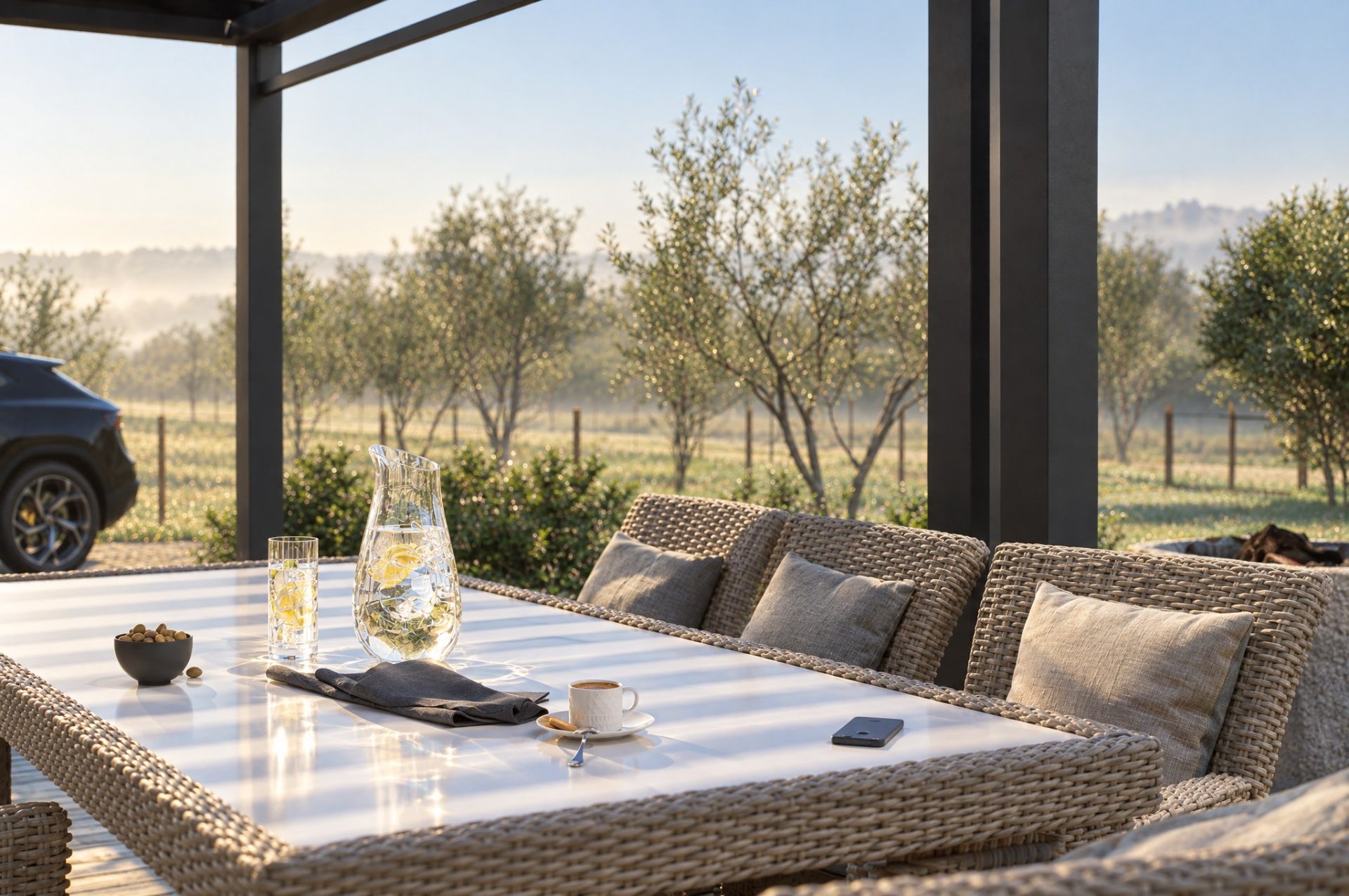 Morning coffee on the wicker dining set under the pergola, mist over the olive grove