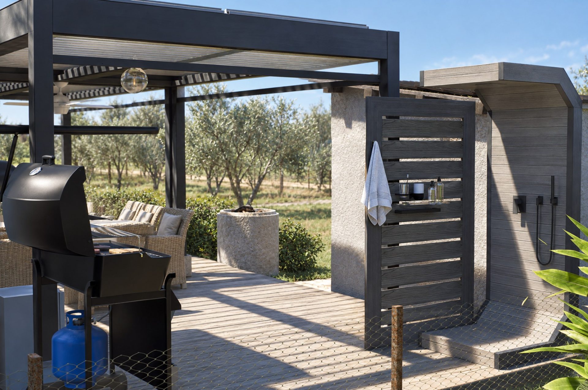 Outdoor shower with slatted screen and barbecue behind the utility shed, afternoon sun