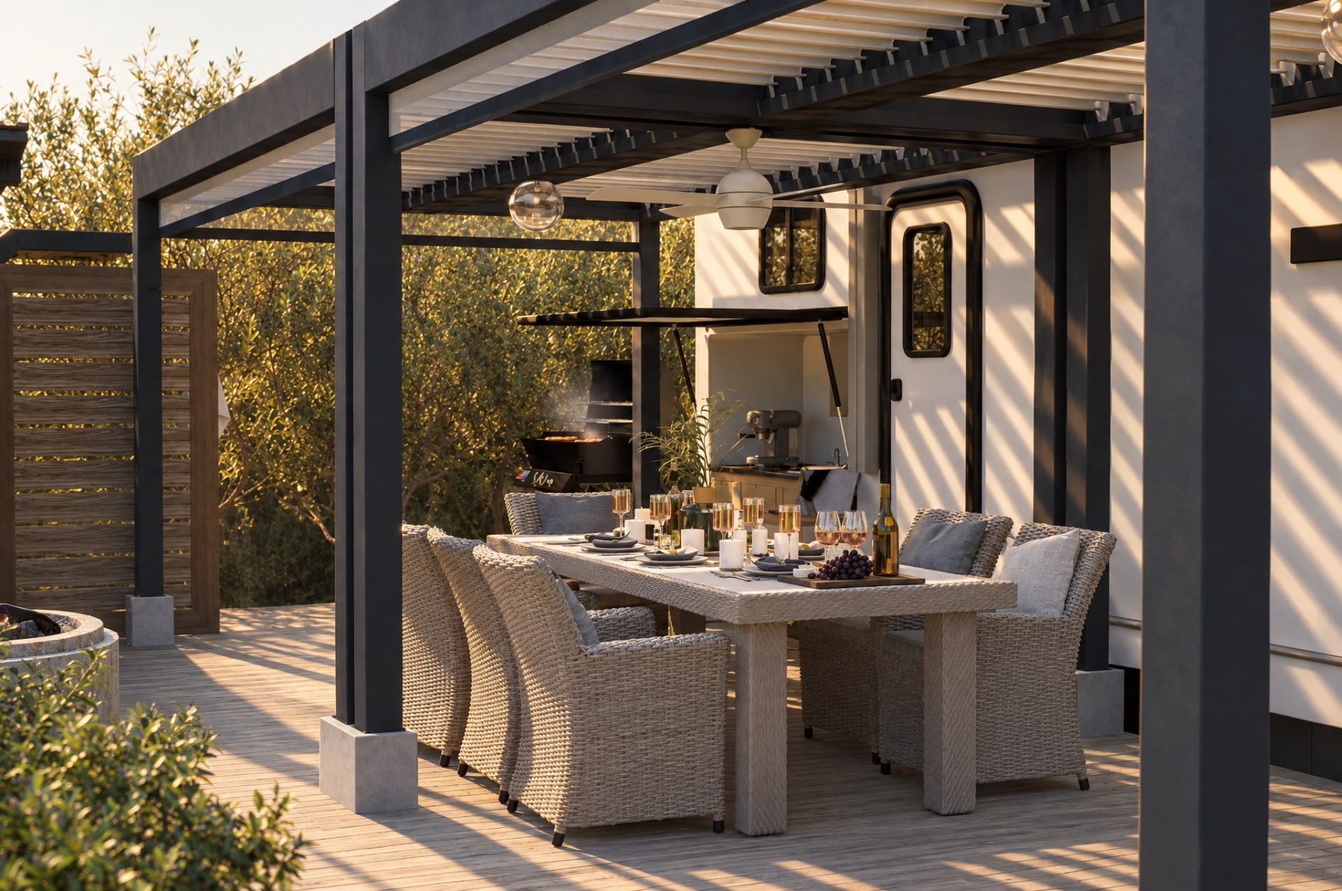 Dinner table for six under the louvred pergola beside the camper kitchen hatch, late-afternoon sun