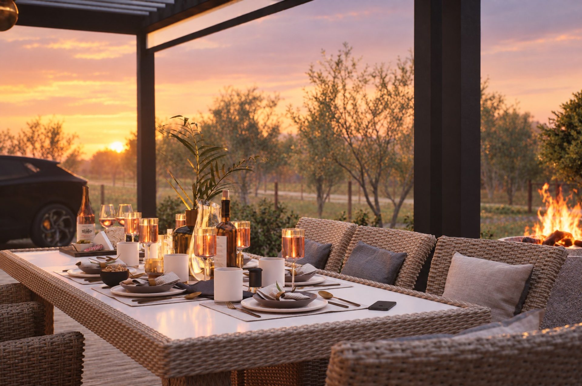 Table set for dinner at sunset with the fire pit lit and the olive grove beyond