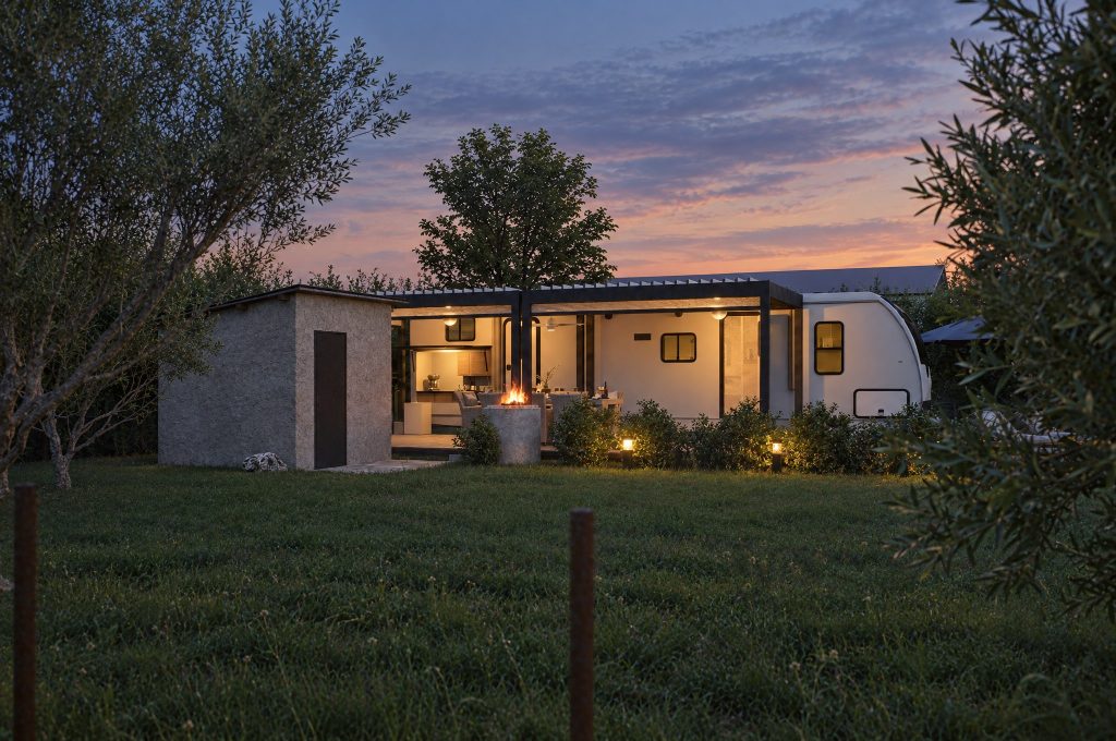 Camper, pergola and utility shed lit from within at blue hour across the lawn, fire pit burning