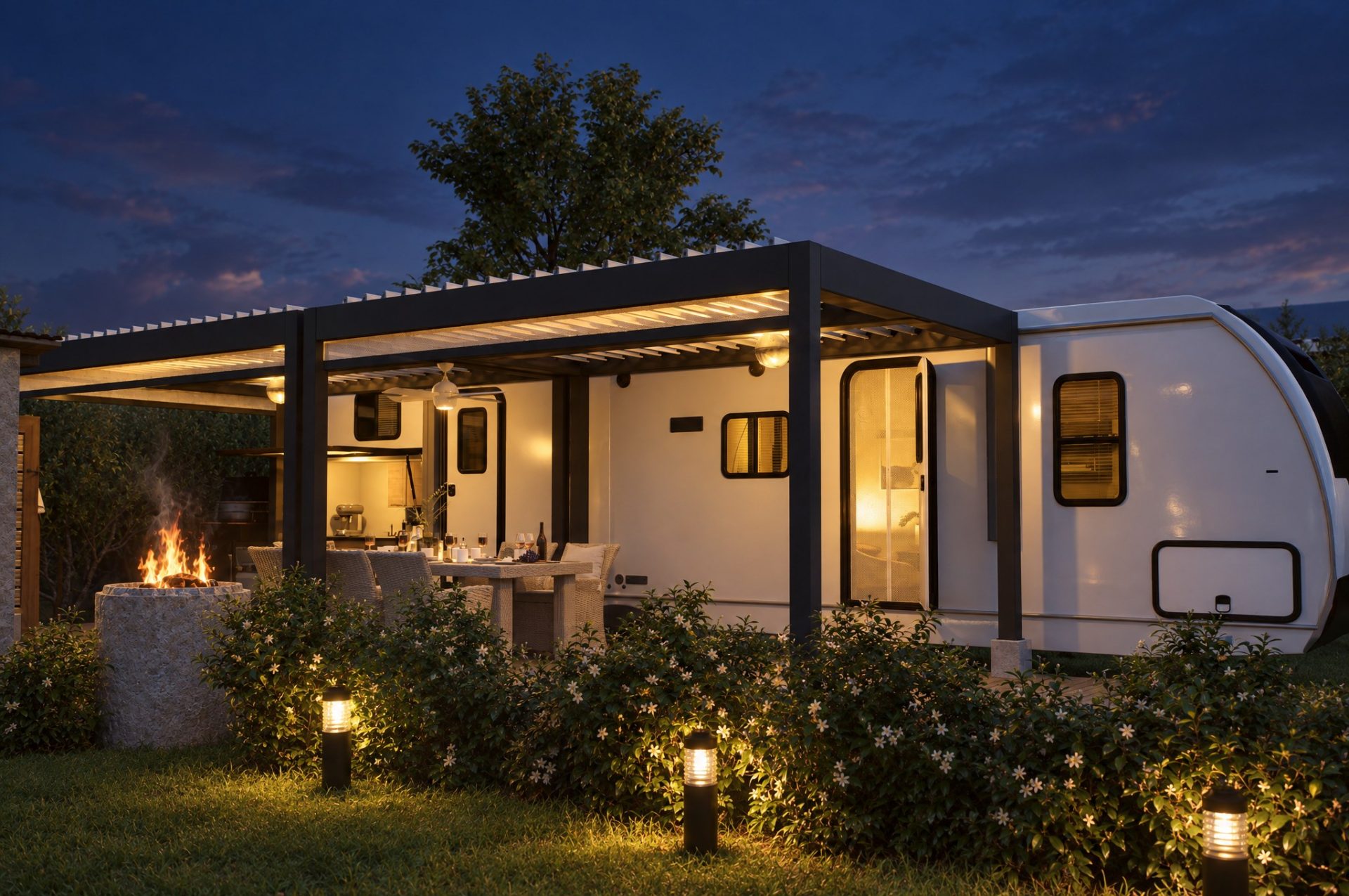 Camper and pergola at night with the fire pit and garden bollard lights
