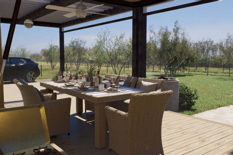 Dining set under the pergola looking out to the olive grove