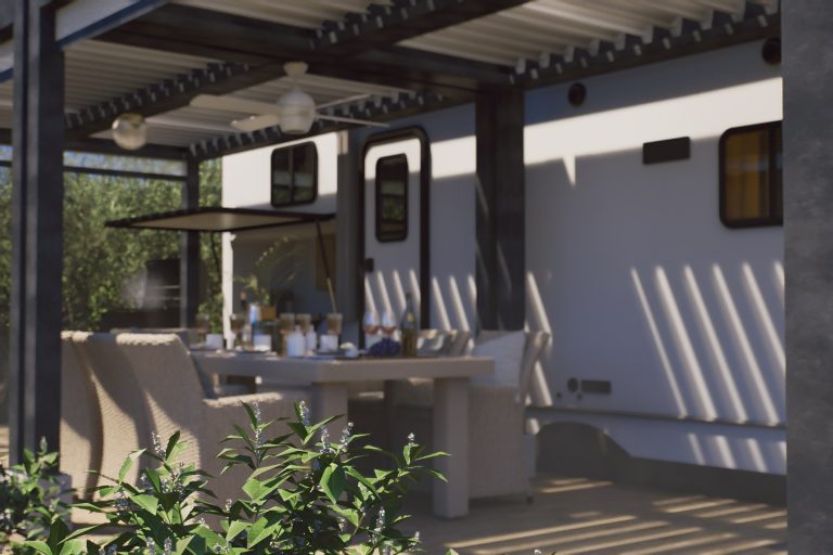 Pergola and camper side with the dining set, afternoon light