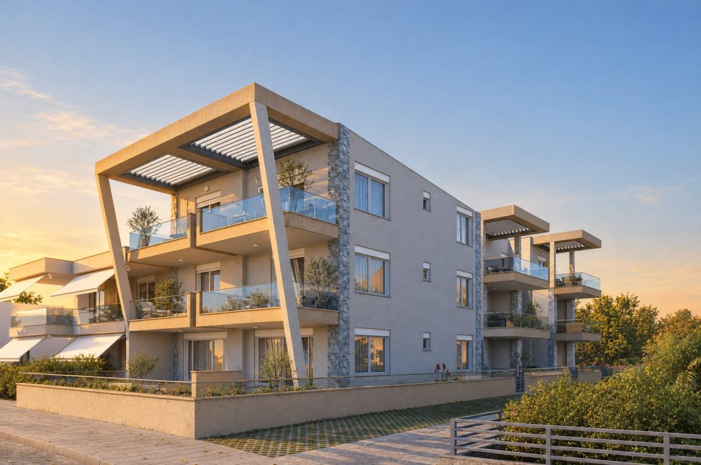 Via Mare Residence street corner at golden hour, angled pergola frame and stone columns in low warm sun