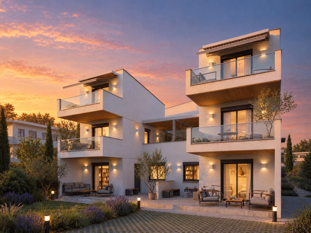 Victoria Residence: west three-quarter view at sunset with wall lights and warm interiors