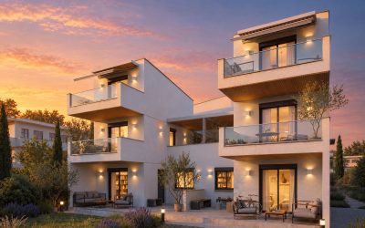 Victoria Residence: west three-quarter view at sunset with wall lights and warm interiors