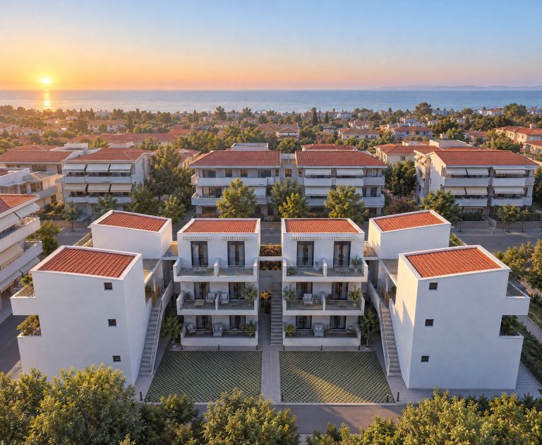 Victoria Residence: aerial view at sunrise with neighboring blocks and the sea beyond